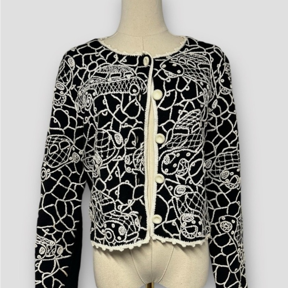 Vintage Michael Simon Car Themed Black and White Knit Cardigan